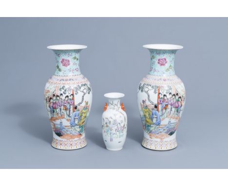 Full title: A pair of Chinese famille rose vases with ladies playing music on a terrace and a vase with figures in a landscap