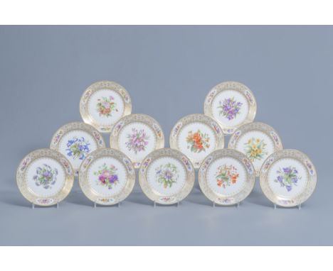 Full title: A set of eleven French plates with gilt and polychrome floral design, Svres mark, 19th C.Description: Dia.: 24,2 