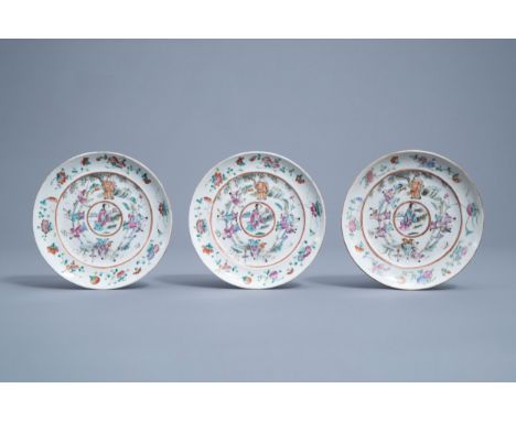 Full title: Three Chinese famille rose plates with figures in a landscape, 19th C.Description: Dia.: 20,4 cmCondition:Please 