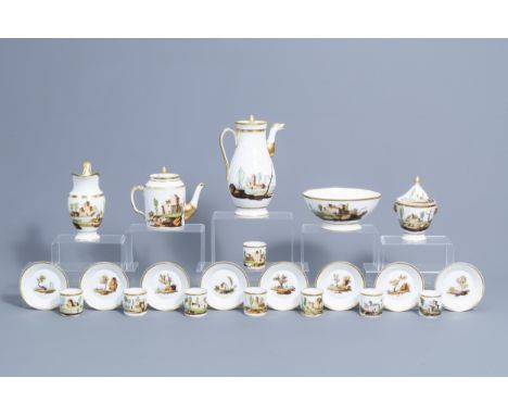 Full title: A 21-piece Paris polychrome and gilt porcelain coffee and tea service with landscapes, 19th C.Description: H 27 c