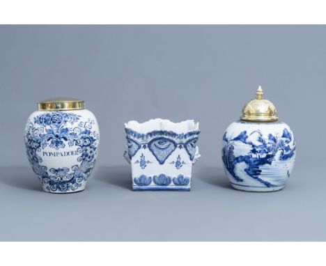 Full title: A Dutch Delft blue and white tobacco jar, a French jardinire and a Chinese ginger jar, 18th C.Description: H 31 -