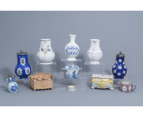 Full title: A varied collection of European ceramics (Dutch Delft, Brussels,...), 17th/19th C.Description: H 29,3 - 3,6 cm (t