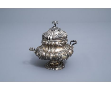 Full title: A Belgian silver sugar bowl with floral relief design, maker's mark Wolfers, 833/000, Brussels, 19th C.Descriptio