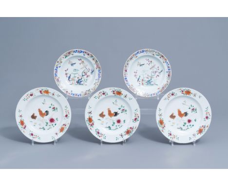 Full title: Five Chinese famille rose plates with birds and chickens among blossoming branches, QianlongDescription: Dia.: 25