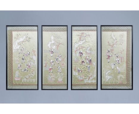 Full title: Four Chinese vertical silk embroideries with children playing and doing sports, Republic, 20th C.Description: Wor