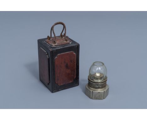 Full title: A Chinese paktong opium lamp with ladies in their spare time and with the accompanying wooden box, 19th C.Descrip