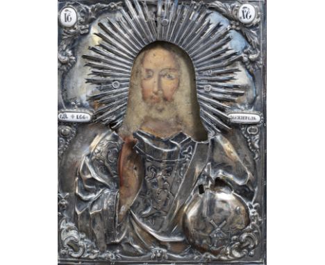 Full title: A Russian 'Christ Pantocrator' icon with silver and enamel riza, 19th C.Description: Work: 22,5 x 17,5 cmFrame: 3