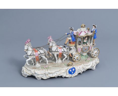 Full title: A group with a four-in-hand carriage in polychrome decorated Saxon porcelain, Sitzendorf mark, 20th C.Description