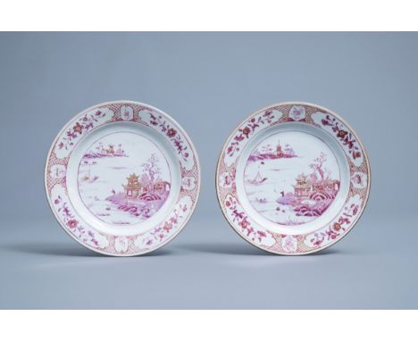 Full title: A pair of Chinese puce enamelled and gilt plates with a landscape and floral design, QianlongDescription: Dia.: 2