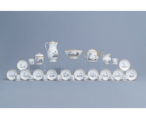 Full title: An 28-piece Paris grisaille and gilt porcelain coffee and tea service with animated landscapes, 19th C.Descriptio