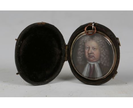 British School - Oval Miniature Portrait of a Gentleman wearing a Powdered Wig, 18th century oil on panel, possibly copper, 4