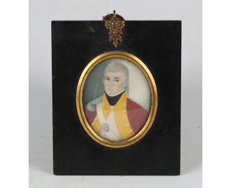 British School - Oval Miniature Portrait of an Army Officer, possibly of the Royal Welch Fusiliers, late 18th/early 19th cent
