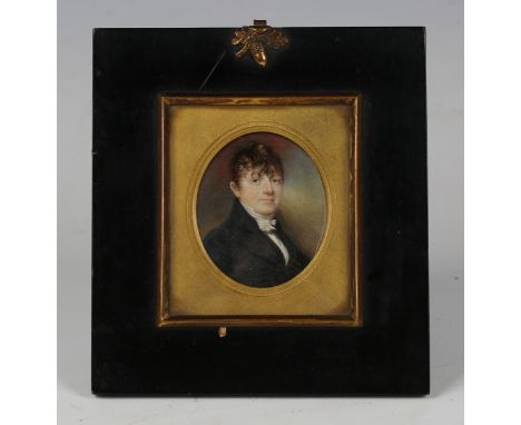 British School - Oval Miniature Half Length Portrait of a Gentleman wearing a Dark Jacket, early 19th century watercolour on 