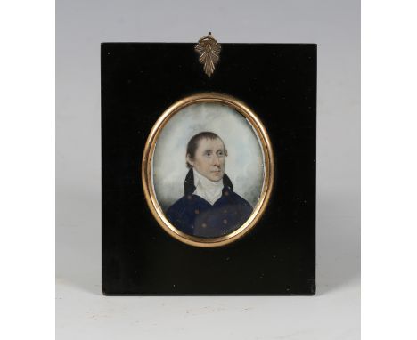 British School - Head and Shoulders Portrait of a Gentleman wearing a Navy Jacket, watercolour on ivory, 7cm x 5.5cm, within 