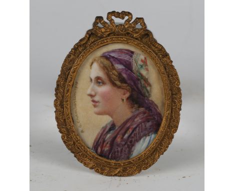 Amy Gertrude Chamberlin - Oval Miniature Portrait of a Lady wearing a Headscarf and Shawl, watercolour on ivory, signed and d