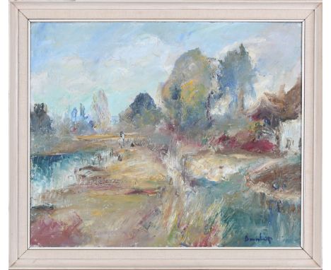 Ronald Ossory Dunlop - 'By the Canal, Sussex', 20th century oil on canvas, signed recto, titled verso, 50cm x 60cm, within a 