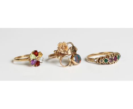 A 9ct gold and gemstone set Dearest ring, London 1977, ring size approx R, a 9ct gold and varicoloured gemstone set six stone