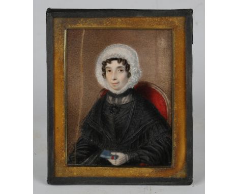 Stephen Crowe - Miniature Portrait of a Lady wearing a Black Shawl, White Bonnet, and holding a Book, identified as Mrs Marga