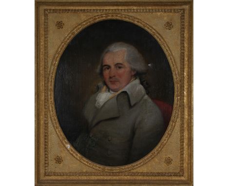 Circle of Jean-Marc Nattier - Half Length Portrait of a Gentleman wearing a Grey Jacket with a Blue Buttonhole Ribbon embroid