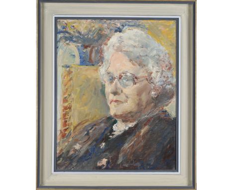 Ronald Ossory Dunlop - 'Mrs Ernest Gatrell' (Half Length Portrait of a Lady), 20th century oil on canvas, signed recto, title