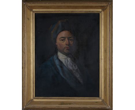 Circle of William Aikman - Portrait of a Man wearing a Silk Hat and Blue Robe, 18th century oil on canvas, 66.5cm x 51cm, wit