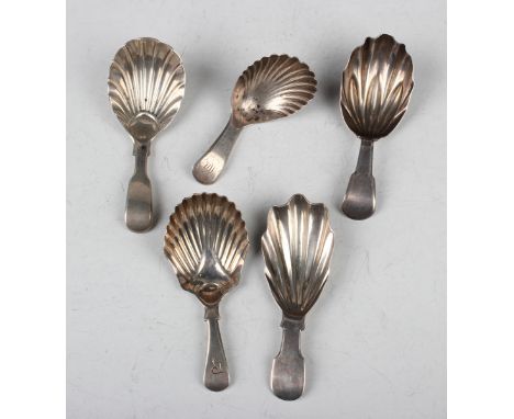A George III Scottish silver caddy spoon with scallop shell bowl, Edinburgh 1811 by John Graham, length 8.7cm, a silver Fiddl