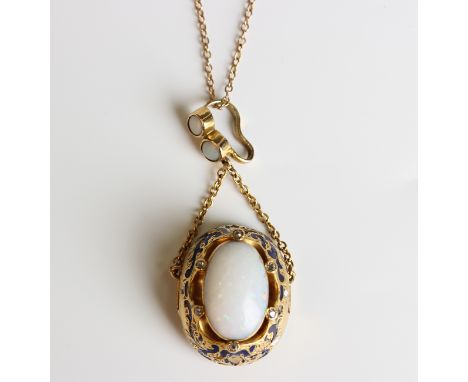 A gold, opal, diamond and enamelled oval pendant, collet set with the principal oval opal within a surround of six cushion cu