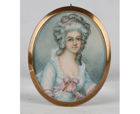 After Richard Cosway - Oval Miniature Portrait of a Lady, late 19th/early 20th century watercolour on ivory, 6.5cm x 5cm, wit