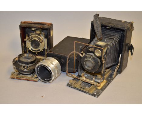 Plate Cameras and Lenses, Houghton-Butcher Quarter-Plate Camera and 2 other plate cameras together with Tessar f/4.5 18cm mou