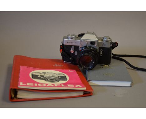 Leicaflex SLR with Summicron-R Lens, chrome, serial no 1 084 730, Mark 1 type, body G, some spotting to top plate, slow shutt