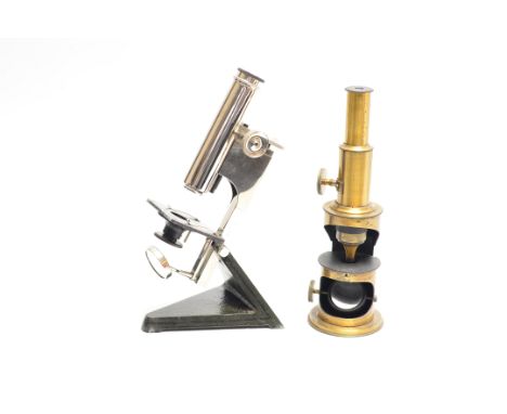 Compound Monocular Microscopes, 19th Century French lacquered brass drum microscope, early 20th Century R & J Beck plated 'St