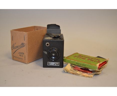 A Kamerette Junior No 1  Mini Box Camera, with manual, Kamerette film packs, film loaded, No 2 makers box, Body G, crack to g