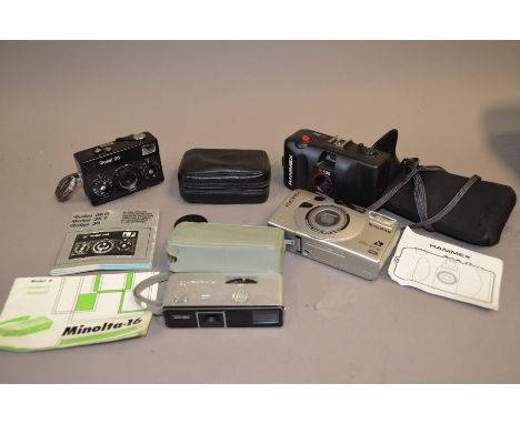 Compact Cameras, incl; Rollei 35 with S-Xenar 40mm f/3.5 lens, Minolta 16 in case with manual, Hanimex and Fujifilm compacts 