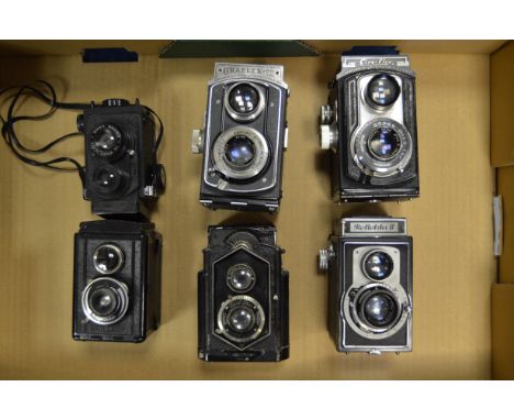 A Tray of TLR Cameras, including; Zeiss Ikon Coffee Can, Reflekta II, Graflex 22, Ciro-Flex and two bakelite examples 