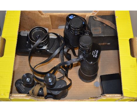 WWII Binoculars,  a pair of Kershaw MKIII military binoculars dated 1944 in military case dated 1939, Commodore 10x50 binocul