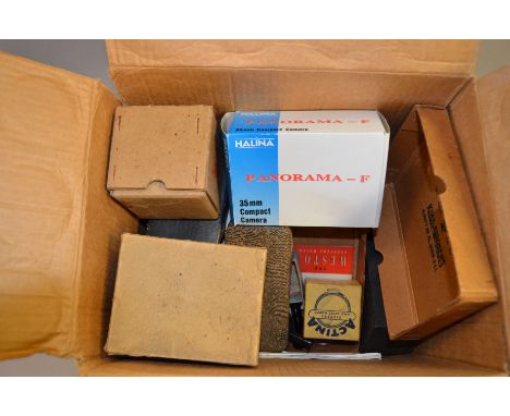 A Box of Camera Related Accessories, incl; Kodak Retinette rangefinder, Clearview focus finder, compact camera, and other ite