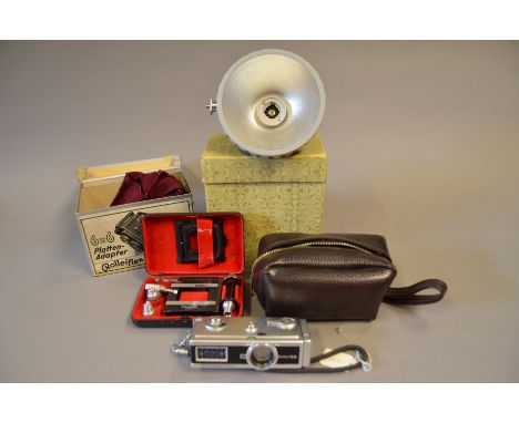 A Rollei 16-S Subminature Camera and Accessories, incl; Rolleiflex TLR plate adaptor, Rolleikin 35mm film adaptor, Rolleiflas
