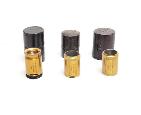 Lacquered brass Crookes 1903 Spinthariscopes,  R & J Beck (2), Armbrecht Nelson & Co (1), in cases, G, with various pocket mi