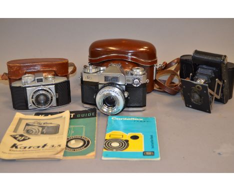 Various Cameras, incl; Zeiss Ikon Contaflex Super with Carl Zeiss Tessar 50mm f/2.8 lens, shutter working, damage to aperture