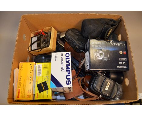 A Box of Cameras and Accessories, incl; Lumix Tz-18, Olympus Trip 35, Superzoom 120, Agfa rangefinder camera, Bilora tripod, 