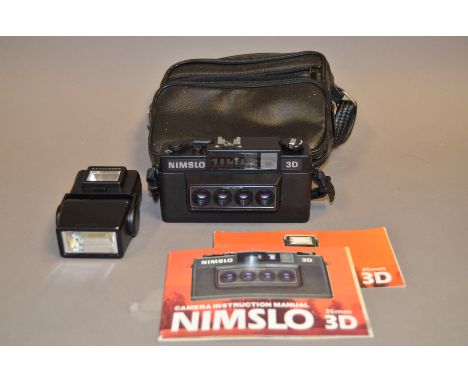 A Nimslo 3D Camera, with Nimslo Opti-Lite flash, shutter not working, in case with manual 
