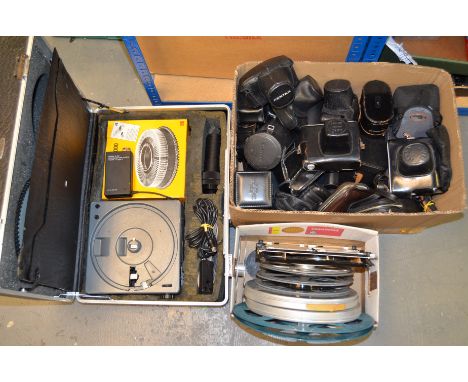 A Box of Camera and Lens Cases, for Canon, Zenza Bronica, Pentax, Zenit etc, lot includes a Kodak Carousel slide projector an