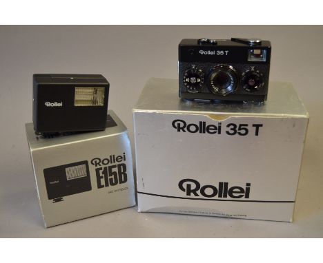 A Rollei 35 T 35mm Compact Camera, in maker's box, complete with strap, bag, manual and Rollei E15B flash 