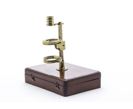An early 19th Century Banks-type lacquered brass Simple Pocket Microscope,  with three stackable lenses, rack and pinion-focu