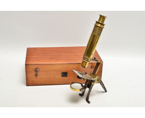 A late 19th Century lacquered and anodised brass Portable Compound Monocular Microscope,   with draw-tube focusing, simple st