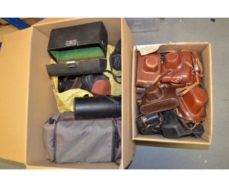 Two Boxes of Camera Cases, many branded ever ready cases, Ihagee, Fed, Kodak, lens cases camera bags and more 