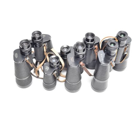 Prismatic Binoculars, Spindler & Hoyer 10 x 50, Ross Stepruva 9 x 35, Lupinus 7 x 50, Russian 7 x 50, in cases, G, with Hama 