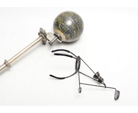 A Philips 4in Celestial Globe,  on Baker demonstrational mount, with lamp and sight, and camera tripod (a lot) 