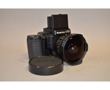 A Mamiya 645 Super Medium Format SLR Camera, with Mamiya-Sekor 24mm f/4 fisheye lens, power winder (untested),body VG, elemen