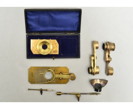 Lacquered brass Microscope Accessories,  including R & Beck Barnard Compressor, double nosepieces (2), stage forceps, parabol